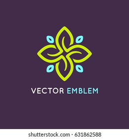 Vector logo design template and emblem  with petals and lines - luxury beauty spa concept - green badge for yoga studios, holistic medicine centers, natural and organic food products and packaging 