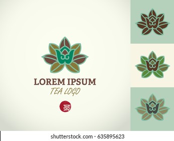 Vector logo design template and emblem made with leaves and flowers, badge for tea time, health concept, Hieroglyph tea
