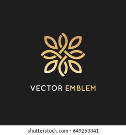 Vector logo design template and emblem  with petals and lines - luxury beauty spa concept - golden badge for yoga studios, holistic medicine centers, natural and organic food products and packaging 