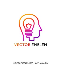 Vector logo design template and emblem made with one line - creativity concept - human head and lightbulb - brainstorm, marketing agency, design studio