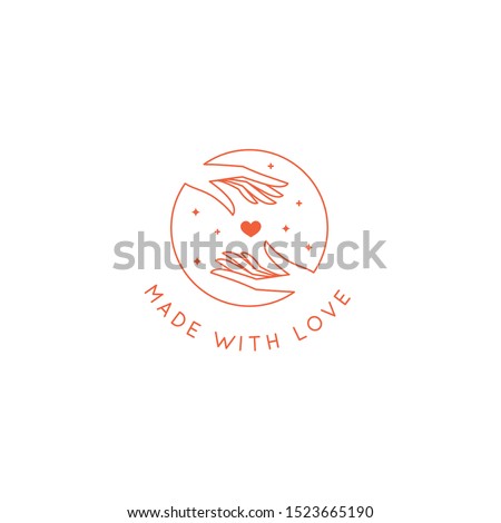 Vector logo design template and emblem in simple line style - made with love - hands and heart - hand made badge for handcrafted products
