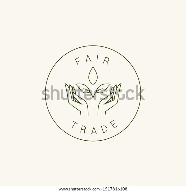 Vector logo design template and emblem
in simple line style - fair trade- hands and plant
