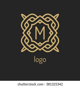 Vector  logo design template and emblems in trendy linear style. Linear Gold emblem on a black background. Logo template for Cafe, Hotel, Heraldic, Restaurant, Boutique