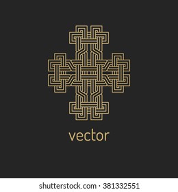 Vector  logo design template and emblems in trendy linear style. Linear Gold emblem on a black background. Logo template for Cafe, Hotel, Heraldic, Restaurant, Boutique