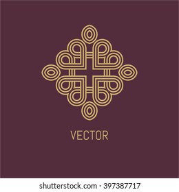 Vector  logo design template and emblems in trendy linear style. Linear Gold emblem on a colorfull  background. Logo template for Cafe, Hotel, Heraldic, Restaurant, Boutique