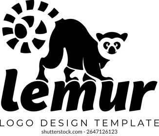 Modelo de design de logotipo de vetor com um lêmure estilizado com uma cauda em espiral que lembra um sol, combinado com tipografia personalizada arrojada - ideal para marcas ecológicas, temas de vida selvagem ou negócios criativos.