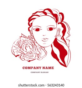Vector logo design template with female face and rose - abstract beauty symbol for hair salon or organic cosmetics