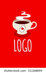 Vector Logo Design Template. Flat Style Emblem Isolated On Red Background. White Tea Cup With Steam And Heart Decoration Teabag. Modern Vector Hot Drink Sign, Symbol. Steaming Food. Hot Drink Vector.