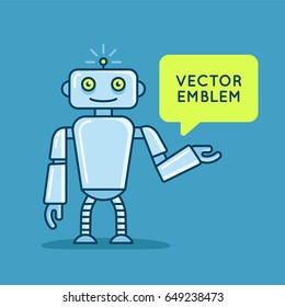 Vector logo design template in flat and simple style - robot mascot - emblem for startups, kids services,science courses, illustration with speech bubble and space for text - user support