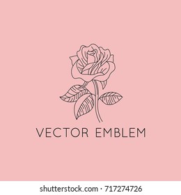 Vector logo design template - floral illustration in simple minimal linear style - emblem and icon for natural cosmetics packaging - rose