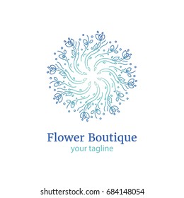 Vector logo design template for flower shop, Spa salon, floral boutique. Flower sign with 
turquoise gradient. Circle logotype. Florist label. EPS10.