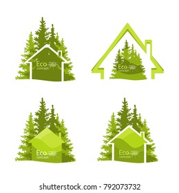 Vector logo design template of forest and house. Building vector silhouette. Vector logo illustration. The concept of ecology, to save the planet. Eco friendly. Environmentally friendly world.