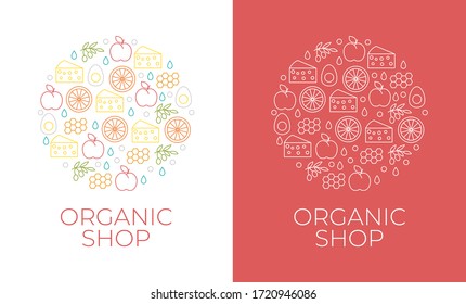 Vector logo design template with fruit and vegetable icons in trendy linear style - abstract emblem for organic shop, healthy food store or vegetarian cafe