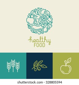Vector Logo Design Template With Fruit And Vegetable Icons In Trendy Linear Style - Abstract Emblem For Organic Shop, Healthy Food Store Or Vegetarian Cafe