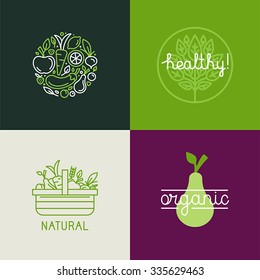 Vector logo design template with fruit and vegetable icons in trendy linear style - abstract emblem for organic shop, healthy food store or vegetarian cafe