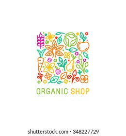 Vector logo design template with fruit and vegetable icons in trendy linear style - abstract emblem for organic shop, healthy food store or vegetarian cafe