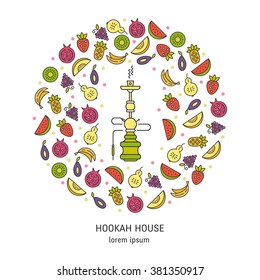 Vector logo design template with fruit and hookah in trendy linear style - abstract circle emblem for hookah house and tobacco packaging design. Vector illustrations isolated on white background. 
