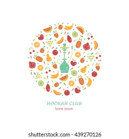 Vector logo design template with fruit and hookah in trendy flat style. Abstract circle emblem for hookah menu, hookah house, cafe and tobacco packaging design. Vector illustrations isolated on white.