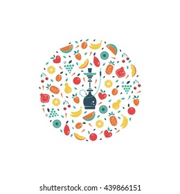 Vector logo design template with fruit and hookah in trendy flat style. Abstract circle emblem for hookah menu, hookah house, cafe and tobacco packaging design. Vector illustrations isolated on white.