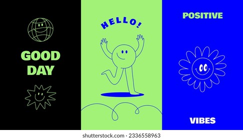 Vector logo design template and graphic elements for advertising, branding, posters and banners, funny cartoon illustrations with smiling character and mascots, abstract stickers and line icons