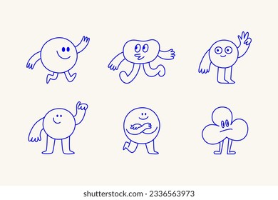 Plantilla de diseño de logotipo vectorial y elementos gráficos para publicidad, marca, afiches y banners, ilustraciones de dibujos animados divertidos con carácter sonriente y mascotas, pegatinas abstractas e iconos de línea