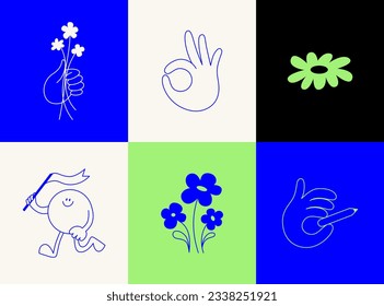 Vector logo design template and graphic elements for advertising, branding, posters and banners, funny cartoon illustrations with smiling character and mascots, abstract stickers and line icons