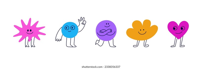 Plantilla de diseño de logotipo vectorial y elementos gráficos para publicidad, marca, afiches y banners, ilustraciones de dibujos animados divertidos con carácter sonriente y mascotas, pegatinas abstractas e iconos de línea