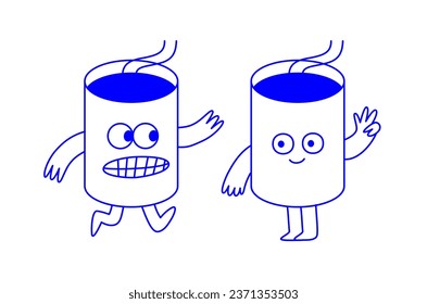 Vector logo design template and graphic elements for advertising, branding, posters and banners, funny cartoon illustrations with smiling character, coffee cup running, abstract stickers and line icon