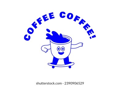 Vector logo design template and graphic elements for advertising, branding, posters and banners, funny cartoon illustrations with smiling character, coffee cup mascot, print and sticker