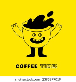 Vector logo design template and graphic elements for advertising, branding, posters and banners, funny cartoon illustrations with smiling character, coffee cup mascot, print and sticker