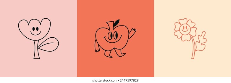 Plantilla de diseño de logotipo de Vector y Elementos gráficos para publicidad, marca, carteles y Anuncios, divertidas ilustraciones de dibujos animados con personajes y mascotas sonrientes, pegatinas abstractas e iconos de línea