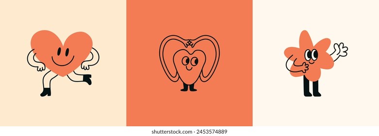 Plantilla de diseño de logotipo de Vector y Elementos gráficos para publicidad, marca, carteles y Anuncios, divertidas ilustraciones de dibujos animados con personajes y mascotas sonrientes, pegatinas abstractas e iconos de línea