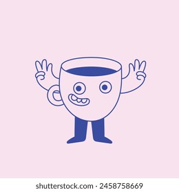 Plantilla de diseño de logotipo de Vector y Elementos gráficos para publicidad, marca, carteles y Anuncios, divertidas ilustraciones de dibujos animados con carácter sonriente, mascota de taza de café, impresión y pegatina