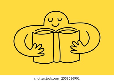 Vector logo design template and graphic elements for advertising, branding, posters and banners, funny cartoon illustrations with smiling character, book shop reading mascot
