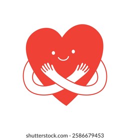 Vector logo design template and graphic element for advertising, branding, heart shape and love, funny cartoon illustrations with smiling character, valentine day mascot, self care concept