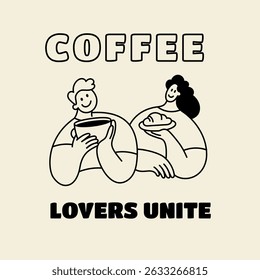 Vector logo design template and graphic element for advertising, branding, posters and banners, funny cartoon illustration with smiling character and mascot, coffee lover, specialty coffee spot emblem