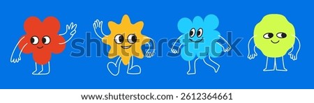 Vector logo design template and graphic elements for advertising, branding, posters and banners, funny cartoon illustrations with smiling character and mascots, abstract stickers and line icons