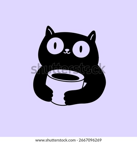 Vector logo design template and graphic element for advertising, branding, posters and banners, funny cartoon cat illustration with smiling character and mascot and coffee