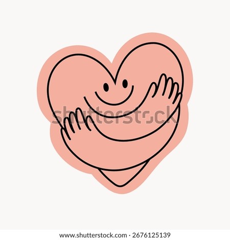 Vector logo design template and graphic element for advertising, branding, heart shape and love, funny cartoon illustrations with smiling character, valentine day mascot, self care concept