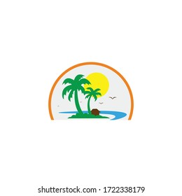 Plantilla de diseño del logotipo del vector. Palmeras verdes a orillas del mar. Concepto de agencia de viajes, resort tropical, hotel playa, spa. Símbolo de vacaciones de verano.