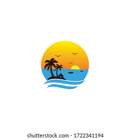 Vector logo design template. Green palm on seaside. Concept for travel agency, tropical resort, beach hotel, spa. Summer vacation symbol.