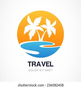 Vector Logo Design Template. Green Palm On Seaside. Concept For Travel Agency, Tropical Resort, Beach Hotel, Spa. Summer Vacation Symbol.