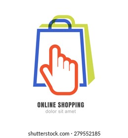 Vector logo design template. Hand pointer symbol and shopping bag. Abstract concept for online store. 