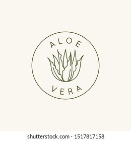 Vector logo design template and icon in linear style with aloe vera plant - emblem and badge for natural cosmetics packaging and beauty product