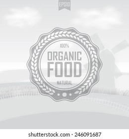 Vector logo design template. Vector icon on a blurred background landscape.The icon of the natural product, organic food. Clean, bright design. Vector illustration in the soft light.