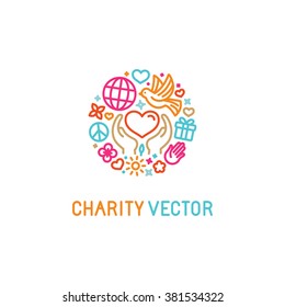 Vector logo design template with icons in trendy linear style - charity concepts and volunteer organization emblem - love and care