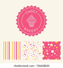 Vector logo design template and insignia in flat linear style - sweet cupcake - emblem for confectionery store, bakery and cafe  and seamless patterns for packaging - baking tasty cakes business