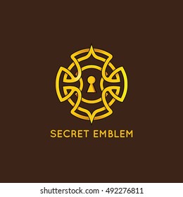 Vector logo design template - keyhole emblem in vintage style and golden color  - concept for quest game, real-life room escape and puzzle