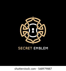Vector logo design template - keyhole emblem in vintage style and golden color  - concept for quest game, real-life room escape and puzzle