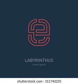 Vector logo design template, letter E. Concept idea of the right choice. The way out of the maze.